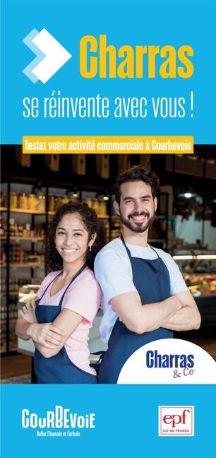 Couverture du dépliant représentant une femme et un homme commerçants, dos-à-dos et souriants. Titre du dépliant "Charras se réinvente avec vous ! Testez votre activité commerciale à Courbevoie"
