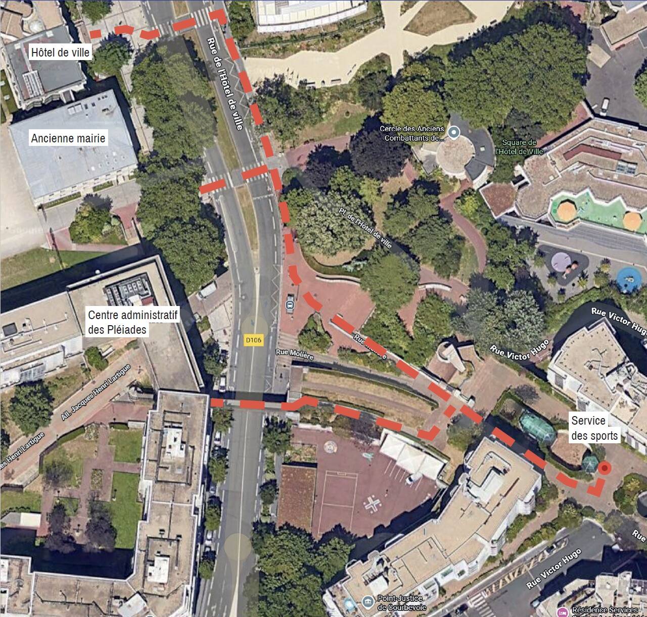 Plan de l'itinéraire pour se rendre au service des sports rue molière depuis la mairie principale et le centre des pléiades