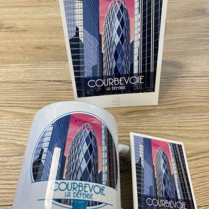 Mug, magnet et petite affiche avec une illustration de la Défense