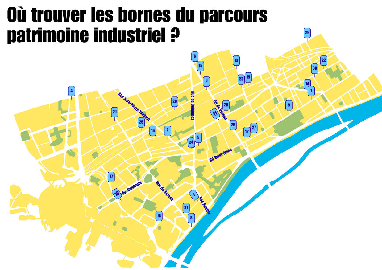 Il s'agit d'une carte de Courbevoie (fond jaune) qui indique où se situent les bornes du patrimoine listées ci-dessus